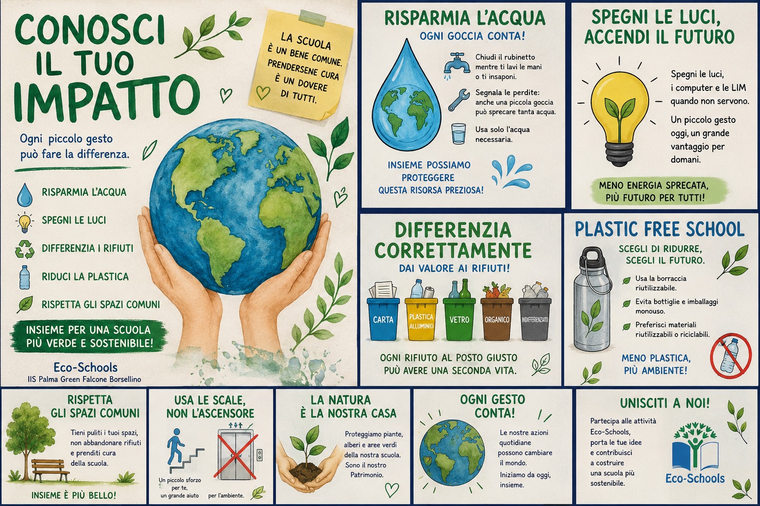 Poster Conosci il tuo impatto con consigli su acqua, luci, plastica, raccolta differenziata e rispetto degli spazi comuni